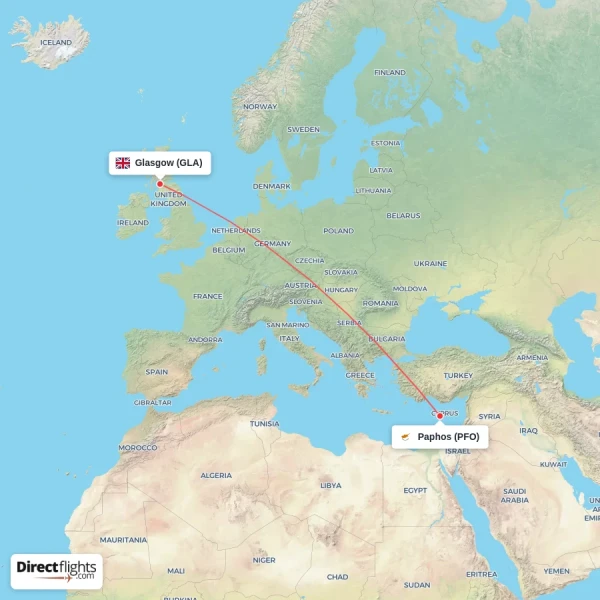 Glasgow - Paphos direct flight map