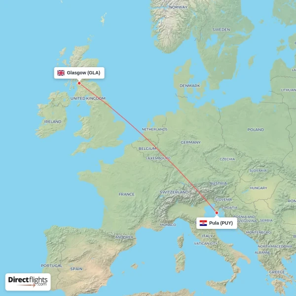 Glasgow - Pula direct flight map