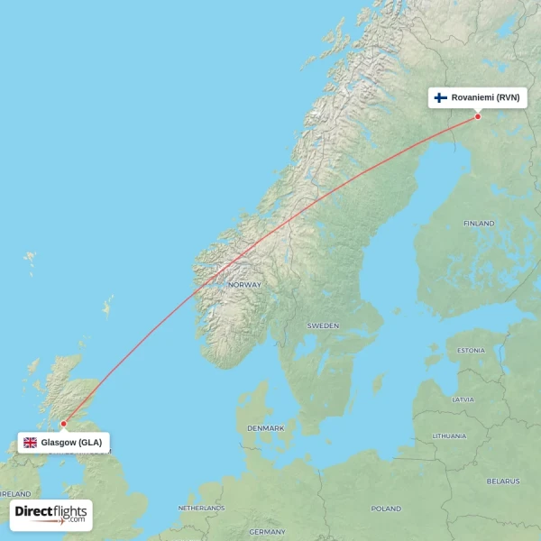 Glasgow - Rovaniemi direct flight map