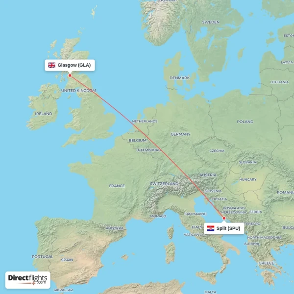Glasgow - Split direct flight map