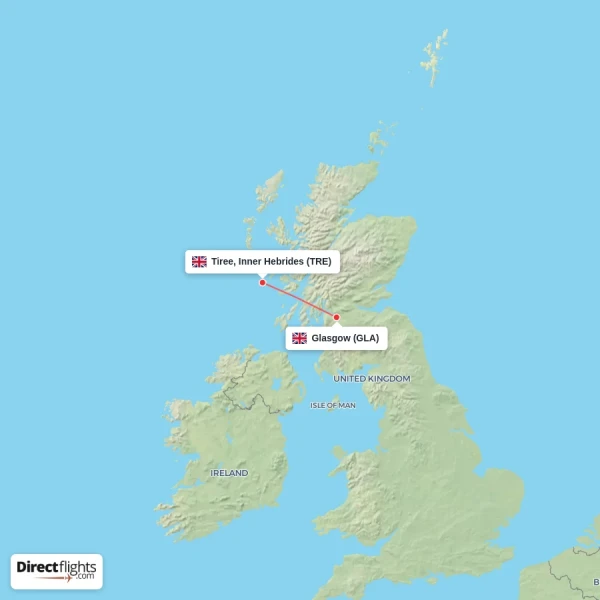 Glasgow - Tiree, Inner Hebrides direct flight map