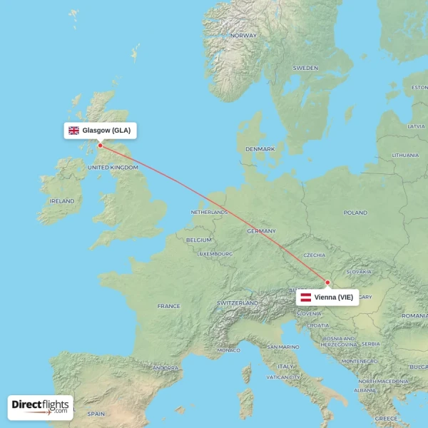 Glasgow - Vienna direct flight map