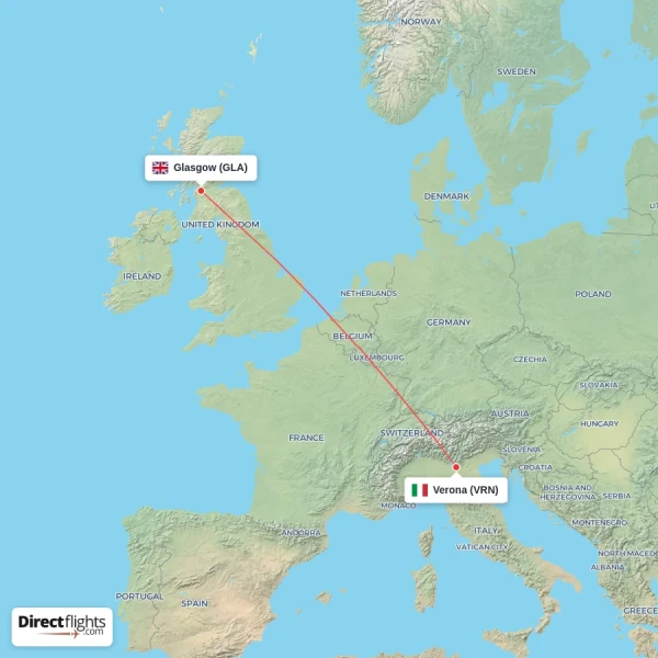 Glasgow - Verona direct flight map