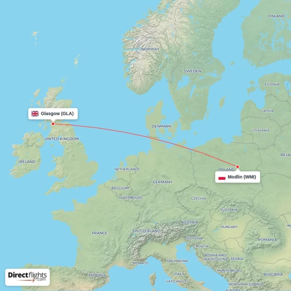 Glasgow - Modlin direct flight map