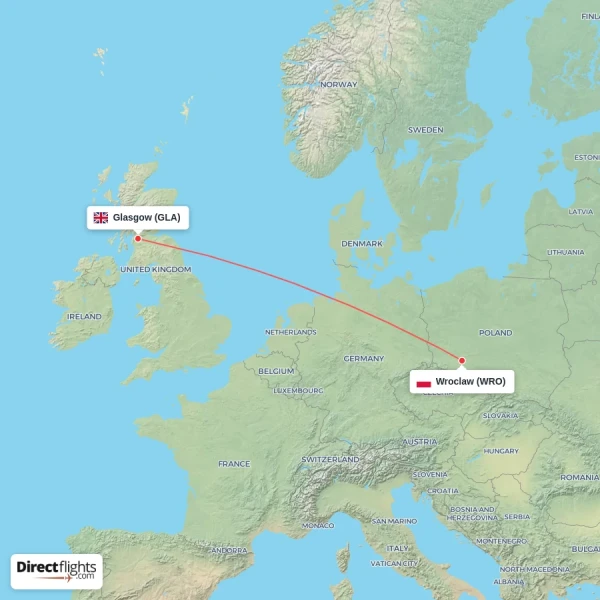 Glasgow - Wroclaw direct flight map
