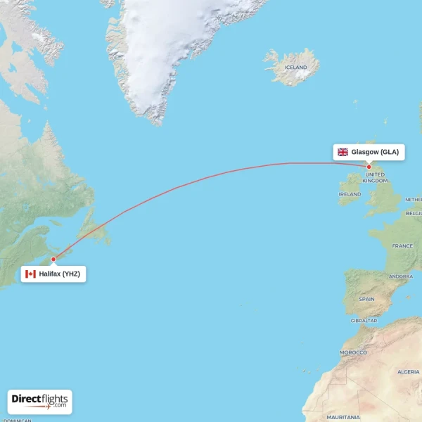 Glasgow - Halifax direct flight map