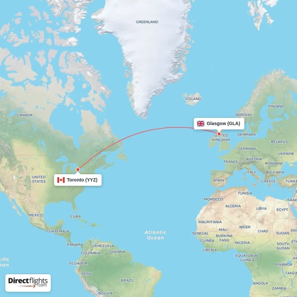 Glasgow - Toronto direct flight map
