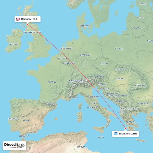 Glasgow - Zakinthos direct flight map