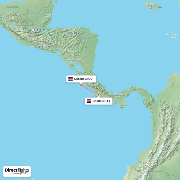 Golfito - Cobano direct flight map