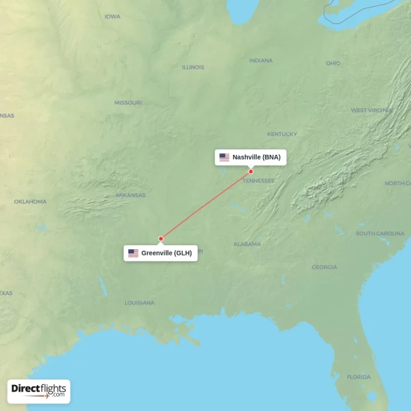Greenville - Nashville direct flight map