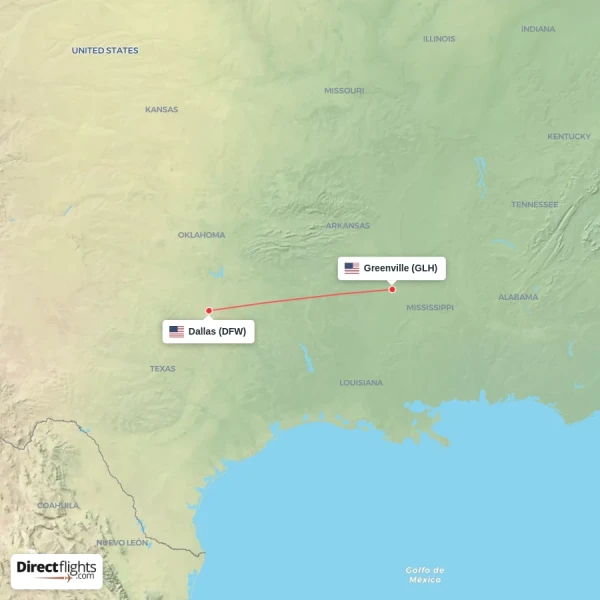Greenville - Dallas direct flight map