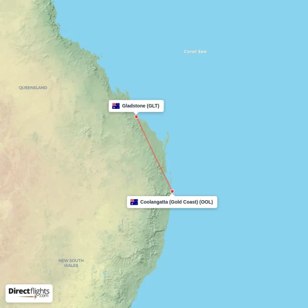 Gladstone - Coolangatta (Gold Coast) direct flight map