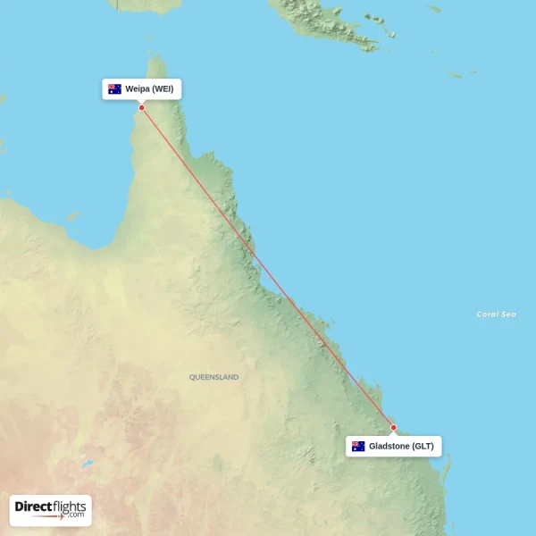 Gladstone - Weipa direct flight map
