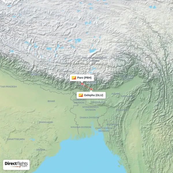Gelephu - Paro direct flight map