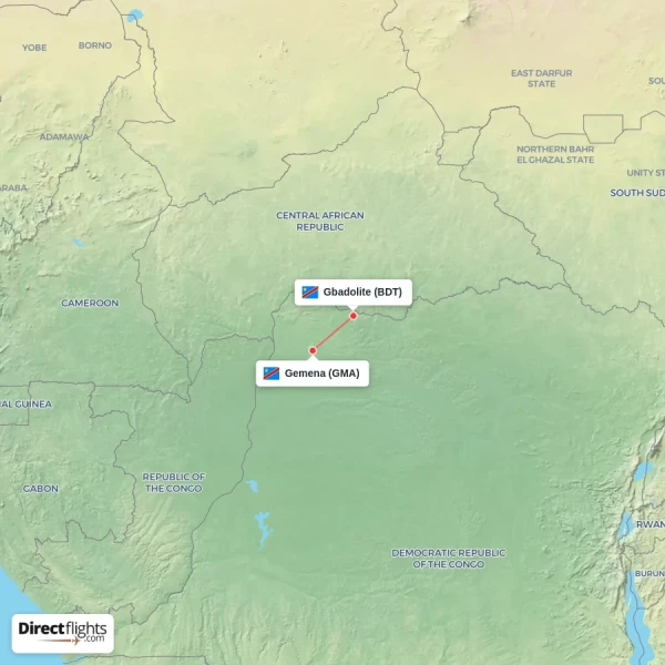 Gemena - Gbadolite direct flight map