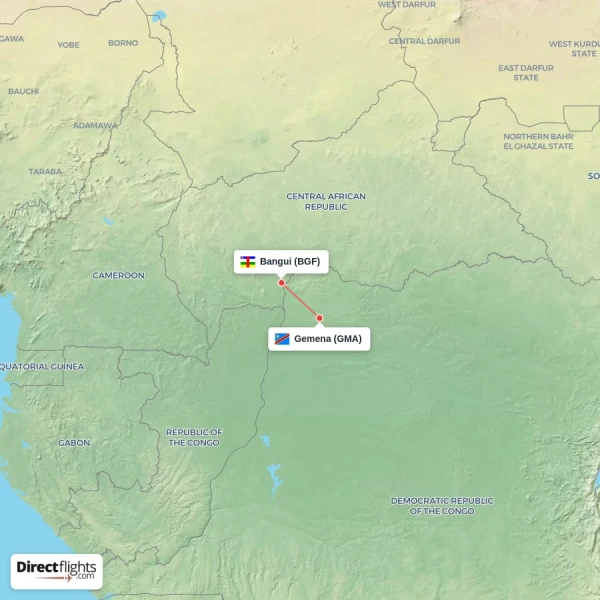 Gemena - Bangui direct flight map