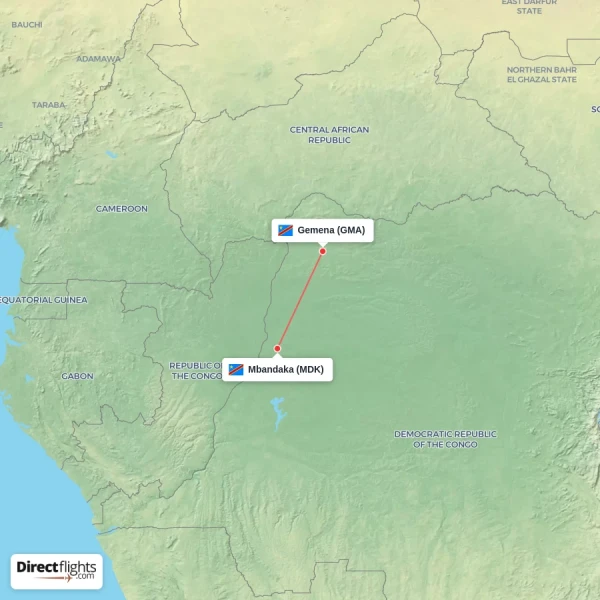 Gemena - Mbandaka direct flight map