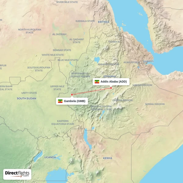 Gambela - Addis Ababa direct flight map