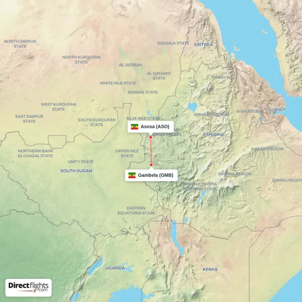 Gambela - Asosa direct flight map