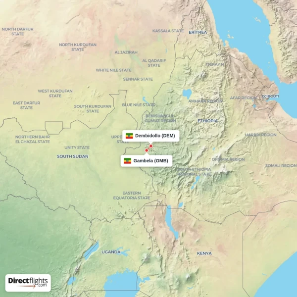 Gambela - Dembidollo direct flight map