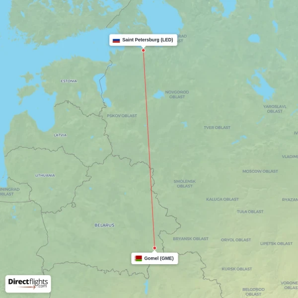Gomel - Saint Petersburg direct flight map