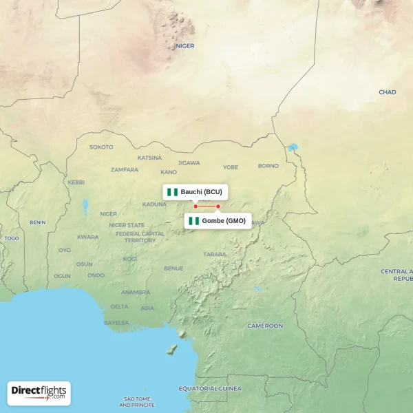 Gombe - Bauchi direct flight map