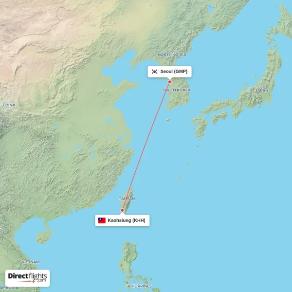 Seoul - Kaohsiung direct flight map