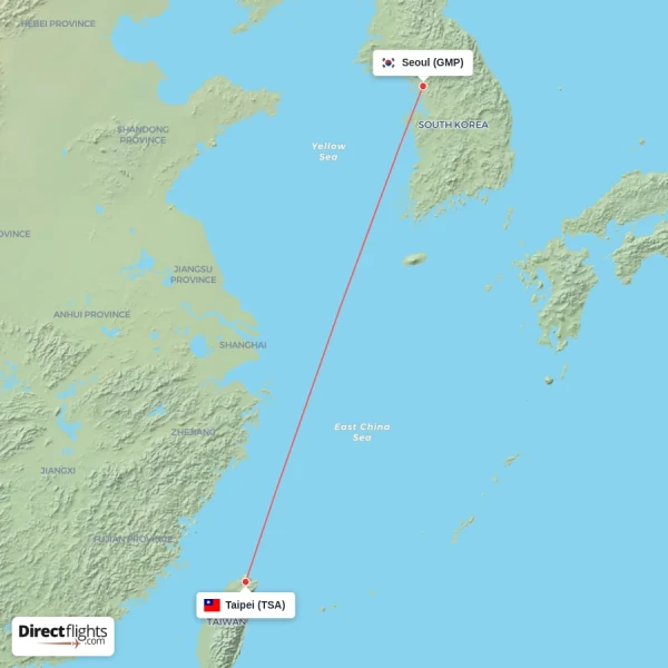 Seoul - Taipei direct flight map