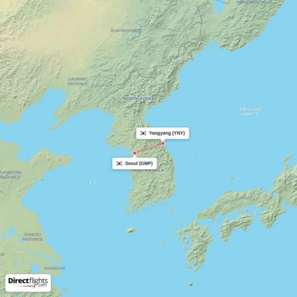 Seoul - Yangyang direct flight map