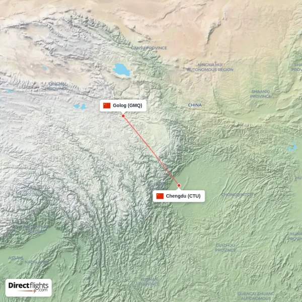 Golog - Chengdu direct flight map