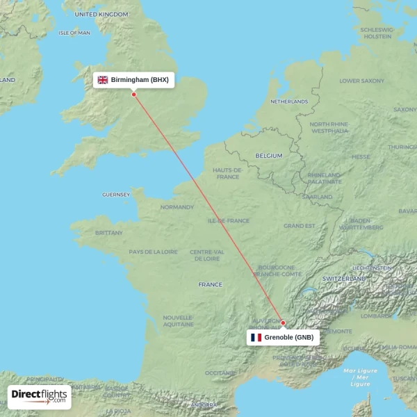Grenoble - Birmingham direct flight map