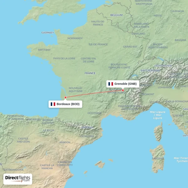 Grenoble - Bordeaux direct flight map