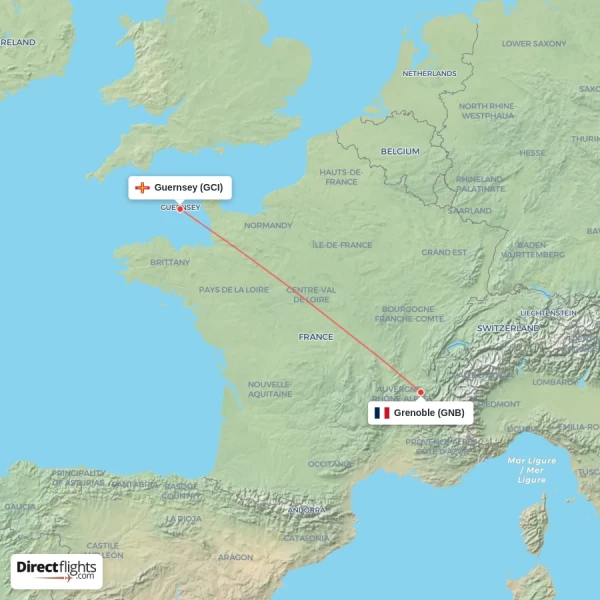 Grenoble - Guernsey direct flight map