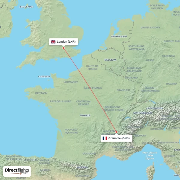 Grenoble - London direct flight map