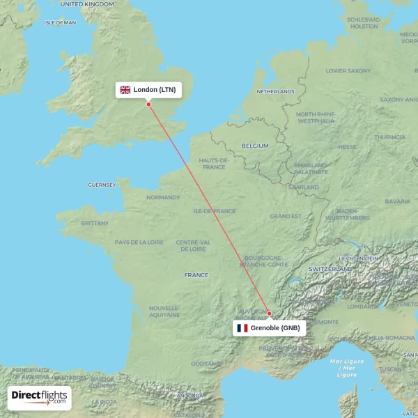 Grenoble - London direct flight map