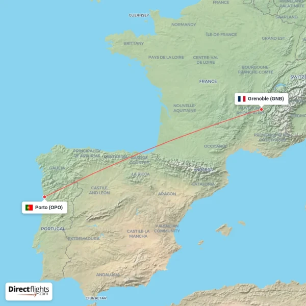 Grenoble - Porto direct flight map