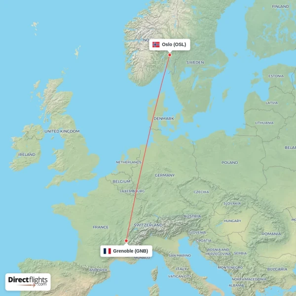 Grenoble - Oslo direct flight map