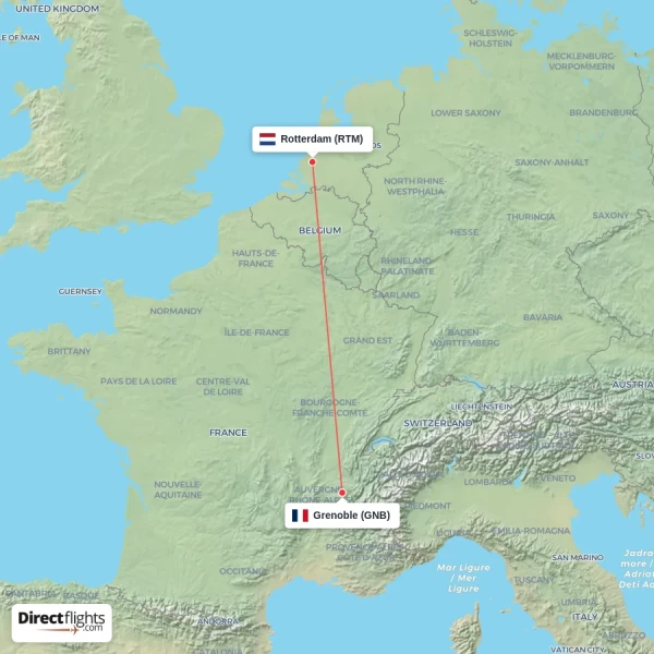 Grenoble - Rotterdam direct flight map