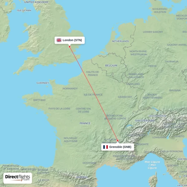 Grenoble - London direct flight map