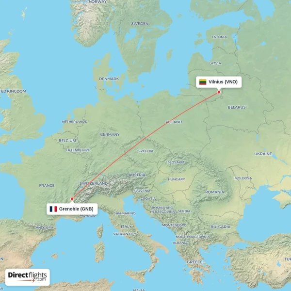 Grenoble - Vilnius direct flight map