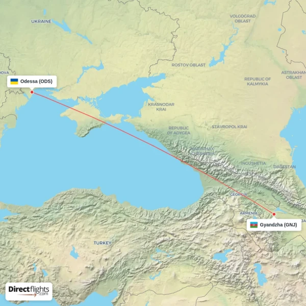 Gyandzha - Odessa direct flight map