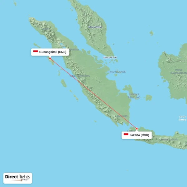 Gunungsitoli - Jakarta direct flight map