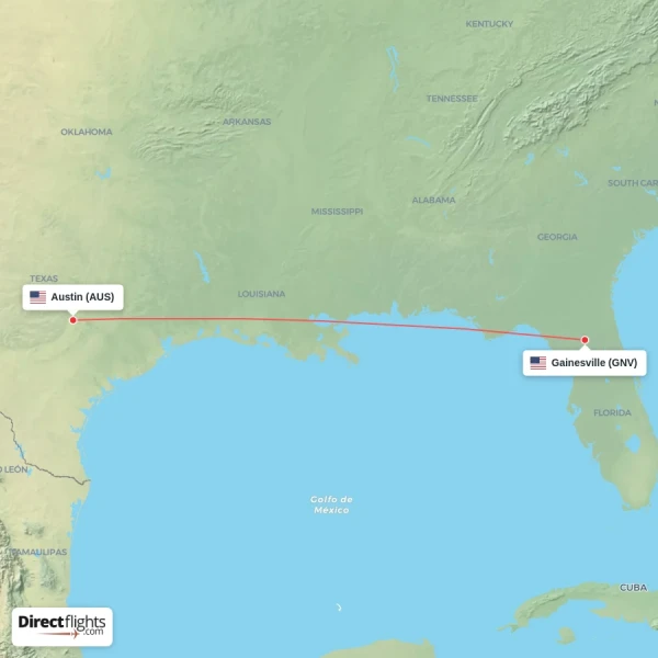 Gainesville - Austin direct flight map