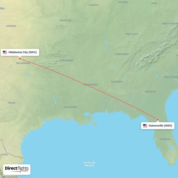 Gainesville - Oklahoma City direct flight map