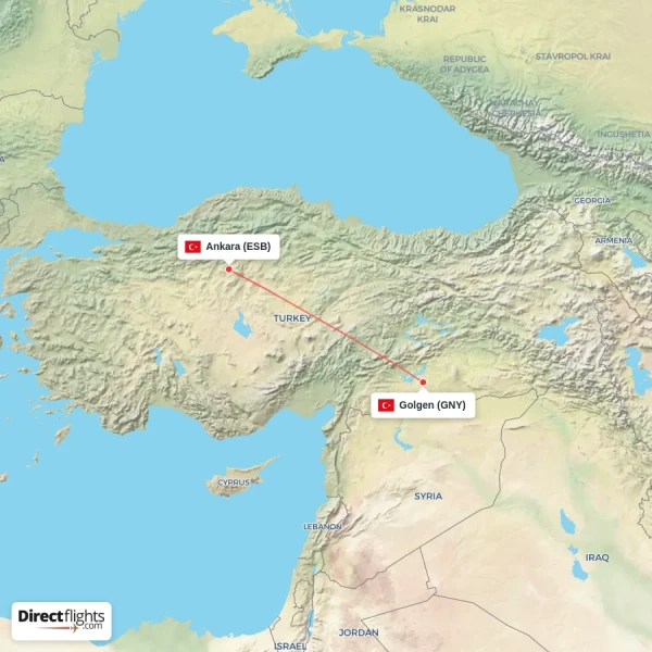Golgen - Ankara direct flight map