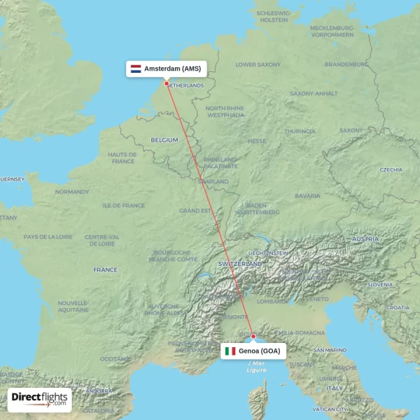 Genoa - Amsterdam direct flight map
