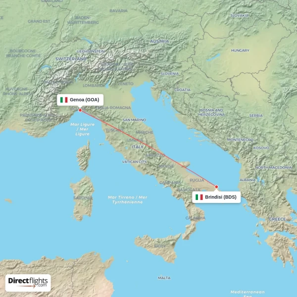 Genoa - Brindisi direct flight map
