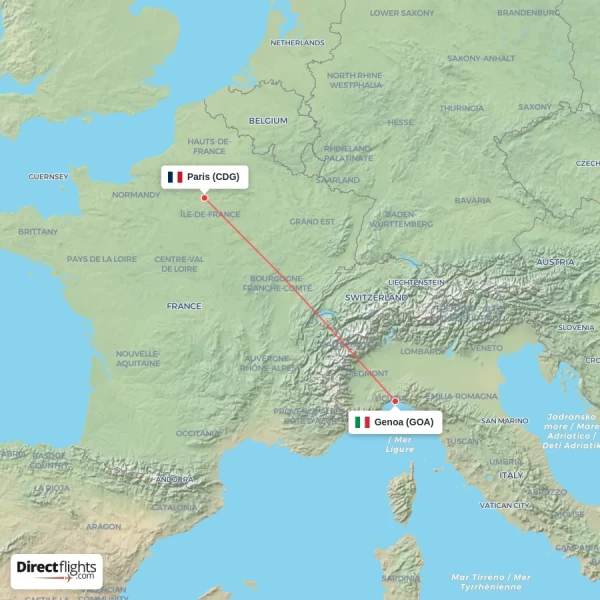 Genoa - Paris direct flight map
