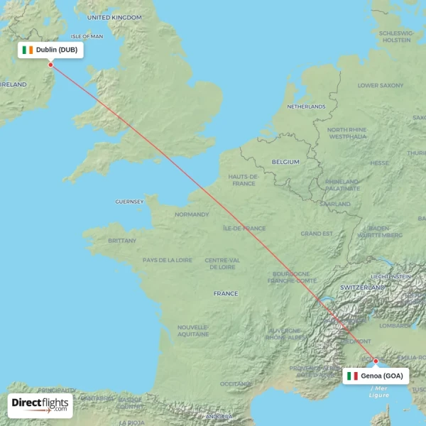 Genoa - Dublin direct flight map