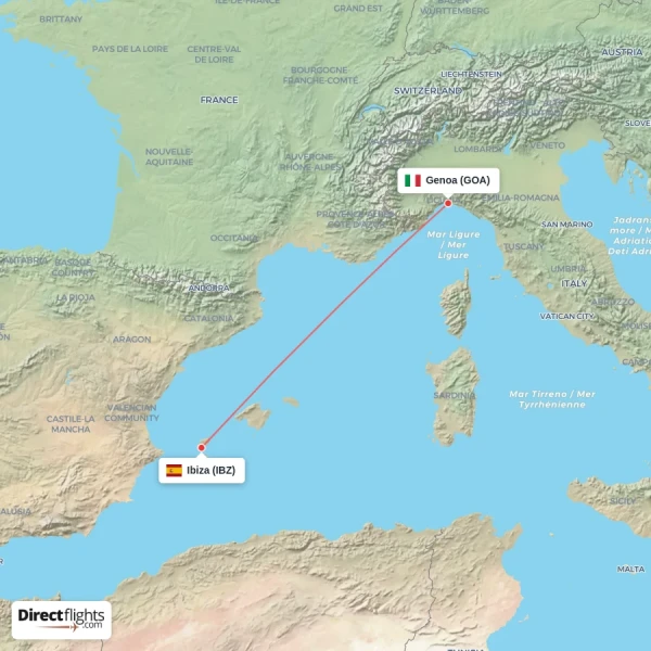 Genoa - Ibiza direct flight map